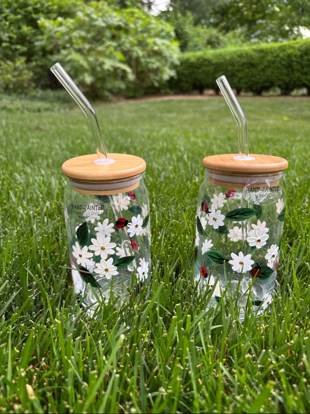 Two hand-painted glass water bottles